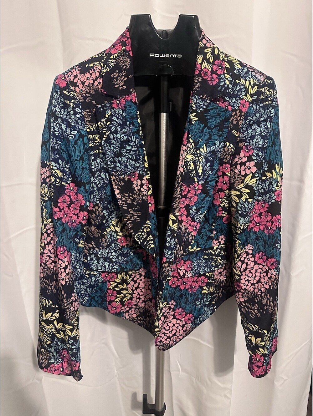 Bisou Bisou Floral Blazer Jacket Black Hook Eye Closure Shoulder Pads Women Sz L